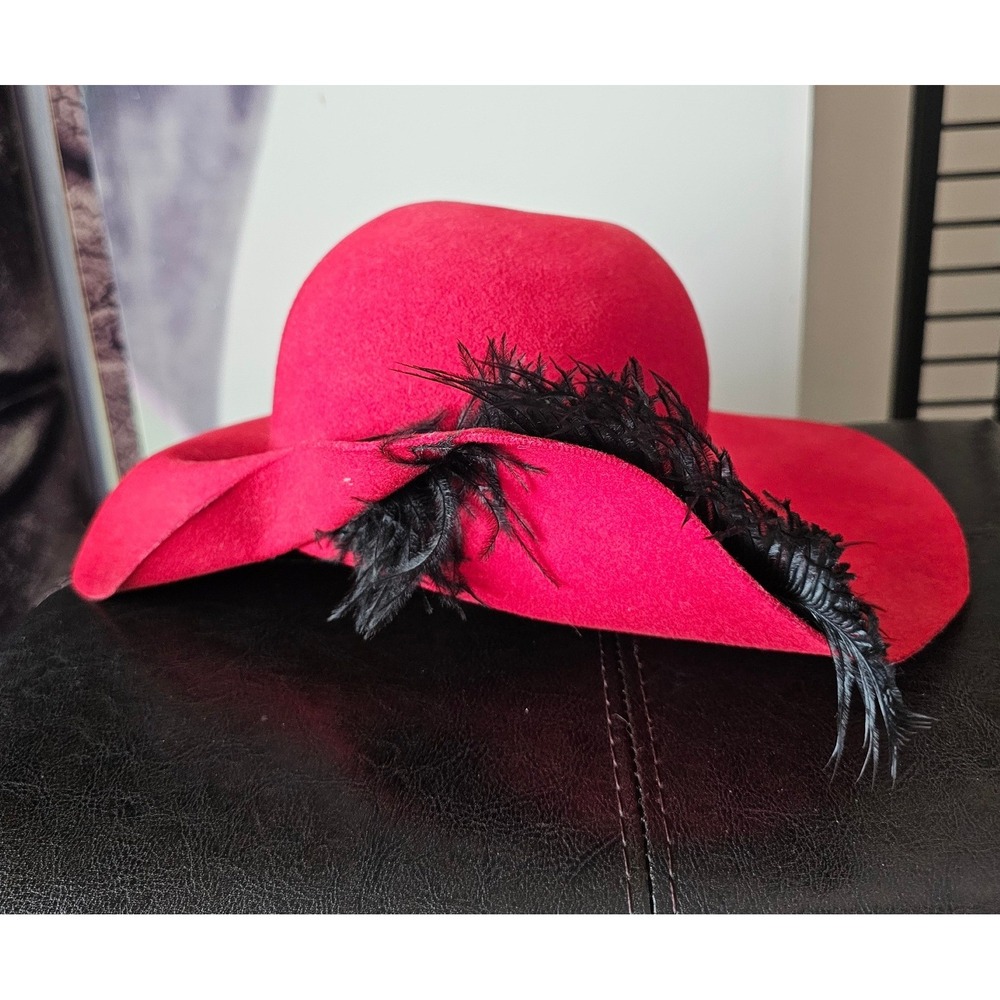 Commodore Lite Felt Red Wool Wide Brim Hat Black Feather Vintage Womens